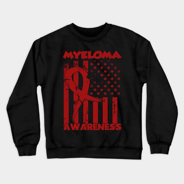 Myeloma Awareness Flag Burgundy Ribbon In This Family No One Fights Alone Crewneck Sweatshirt by Mayla90